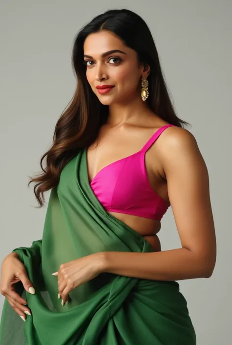 A sexy  lady with a  round shining  hanging and long cleavage line visible in a sexy folded green saree & pink single tripe bra. Also lifting her left had to show her armpits and Navel. Slim body, athletic body, flat stomach, full body shot