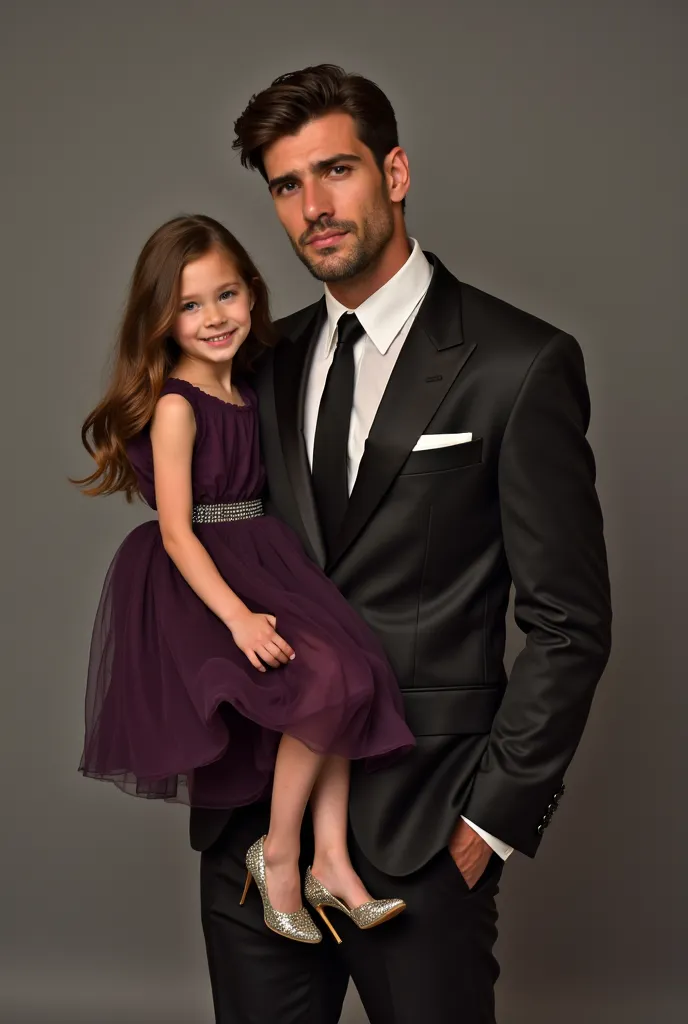 31 year old handsome man, Latin expressions, Brown hair, sky blue eyes, serious and penetrating look  . Elegant black suit dress and black tie. Carrying a Beautiful  Girl, de Brown hair, sky blue eyes,  smiling. Dressed in a beautiful dark purple dress, an...