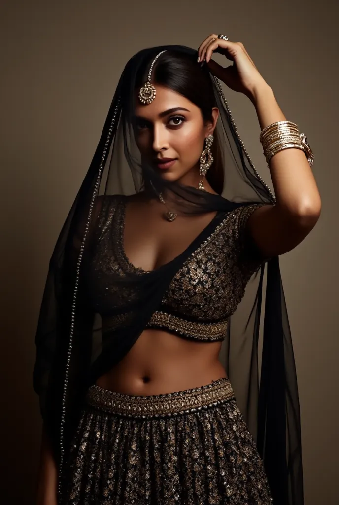 (masterpiece, best quality:1.2), She is draped in a low waist black lehenga with delicate gold embroidery, giving her an ethereal, moonlit glow. Her black sheer veil barely grazes her bare stomach, fully exposing her deep navel and slim waistline. A pearl-...