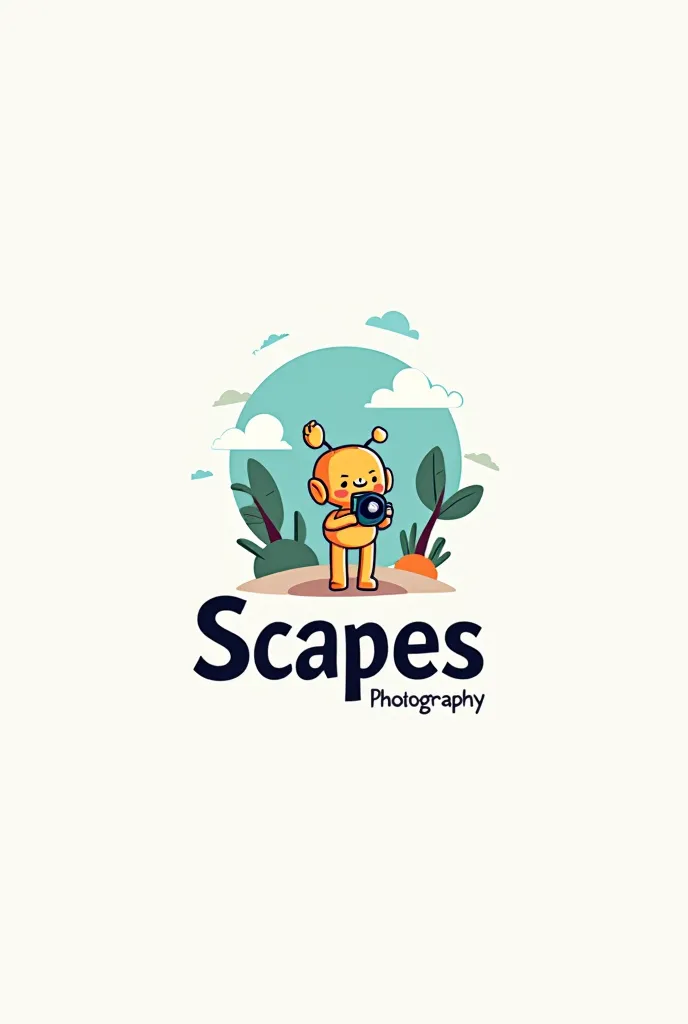 Create a business logo with the name of scapes photography with a AI cartoon character holding a camera for clicking pictures 