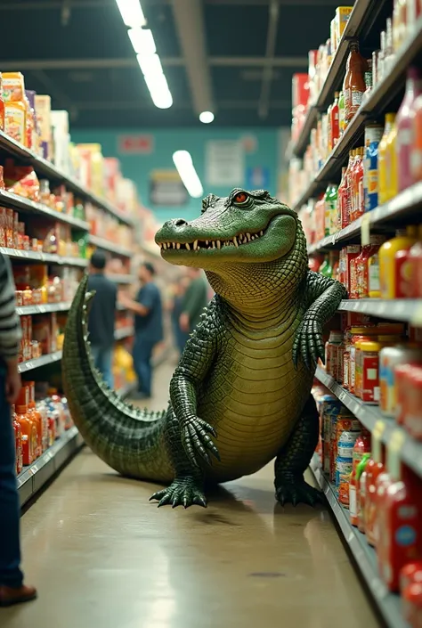 An alligator replenishing merchandise in a supermarket