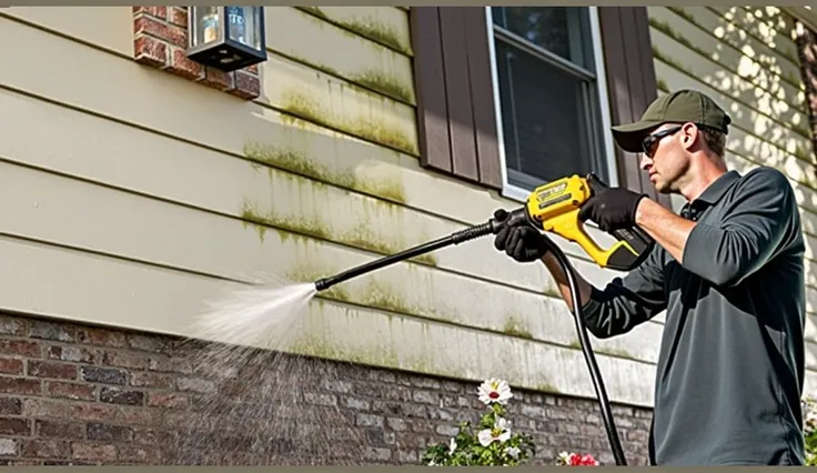 A **hardworking man** wearing a **green polo shirt**, actively **power washing the exterior of a house**. The image captures the **forceful spray of water** as it cleans the surface, with **visible dirt and grime being removed**. The background showcases a...