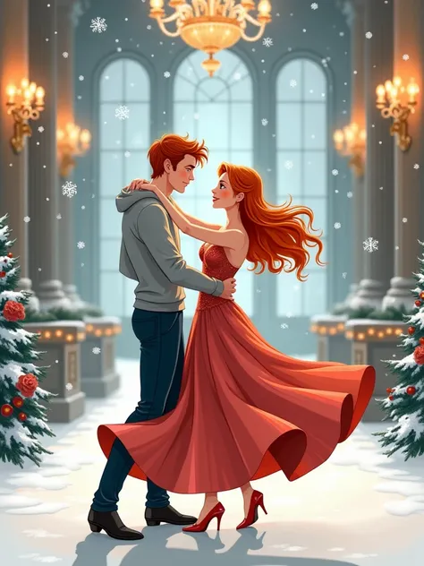 A red-haired handsome man in a gray hoodie dances with a redhead girl at a winter ball
line art
