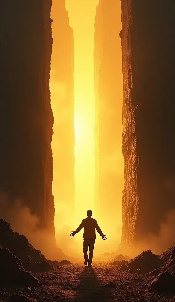 A hyper-realistic scene of a large golden gate opening amidst a dark landscape, symbolizing God opening impossible paths. A person with open arms walks toward the light, representing trust in the divine purpose.