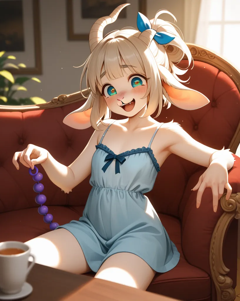 furry goat petit girl , Worn out saggy camisole , ribbon hair tie , tilt face , coquettish , (orgasm:0.5) , euphoria , bold pose , sofa , (Drooping beads)