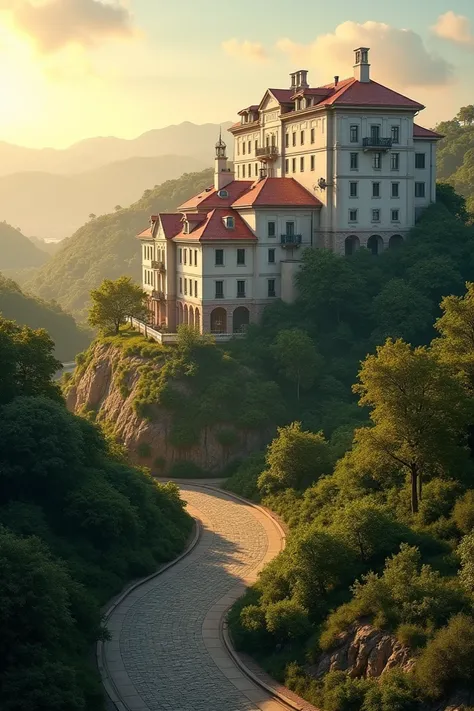 Ultra-realistic cinematic scene of a bustling town nestled high above a gently rolling hill. At the top, a stately hospital with whitewashed walls and a red-tiled roof basks in golden sunrise/sunset light. The scene exudes timeless resilience with detailed...