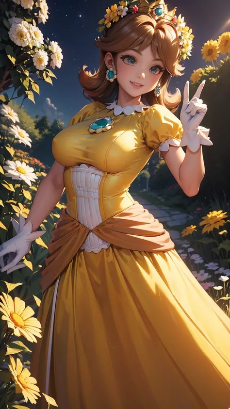 ((masterpiece,best quality,ultra-delicate,Perfect Face,detailed eyes,16k,high resolution,very beautiful girl)), princess daisy, yellow princess long skirt dress, white gloves, brown hair,large breasts,full body shot,smile,energetic,many flower garden