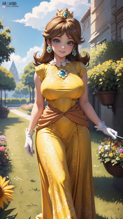 ((masterpiece,best quality,ultra-delicate,Perfect Face,detailed eyes,16k,high resolution,very beautiful girl)), princess daisy, yellow princess long skirt dress, white gloves, brown hair,large breasts,full body shot,smile,energetic,many flower garden