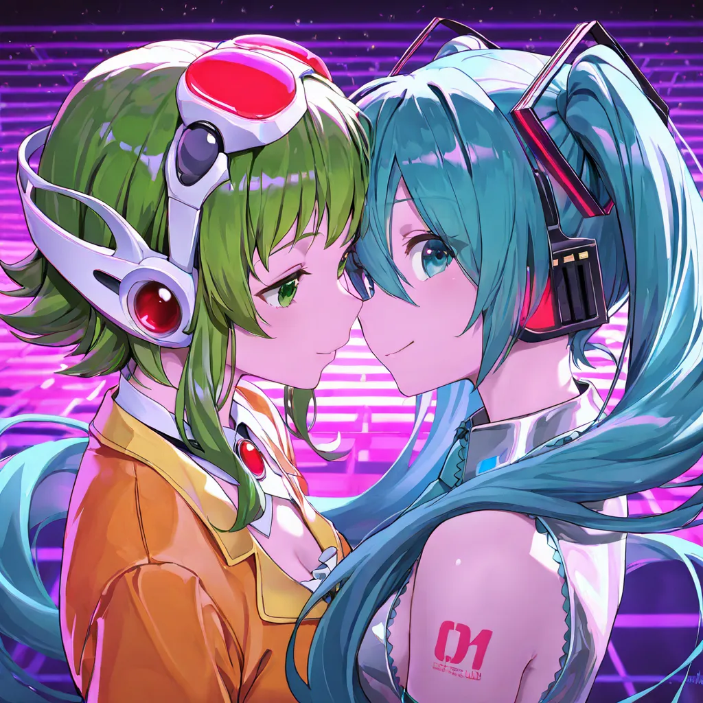 masterpiece, best quality, high quality, 8k, 4k, detailed face, beautiful face, perfect face, detailed eyes, vibrant colors, vivid colors, 2girls, gumi, megpoid, vocaloid, miku, hatsune miku, detailed background, synthwave, electronic, purple, cyan, synth