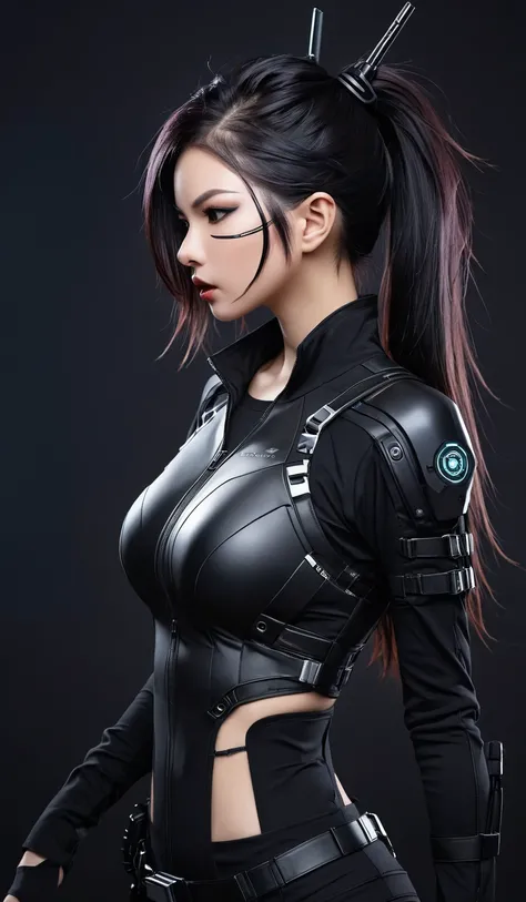 Woman dressed in black with mask and japanese sword katana all black cyberpunk clothes, wearing tech outfit and armor, photo of a woman wearing tech suit, dark sci-fi outfit, cyberpunk costume, female assassin, futuristic tech costume, cyberpunk fashion cl...