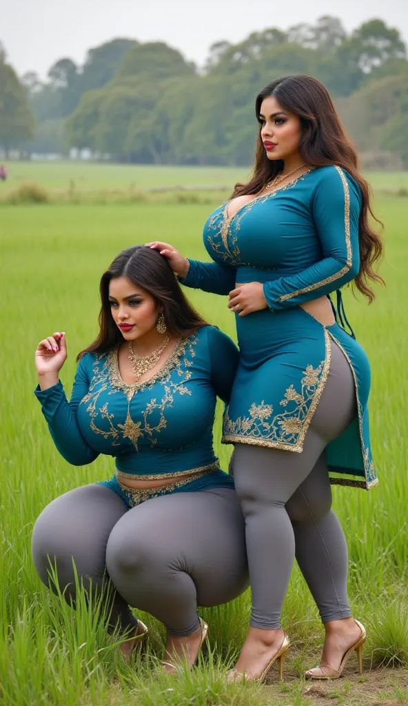 Two muslim women in  shiny  , big breasts, showing long  transparent ripped  I am 40 year old plus size tall and big giant indian muslim women, looking like indian actress hansika motwani, wearing a gold boarded sleeveless transparent peacock blue silk kur...