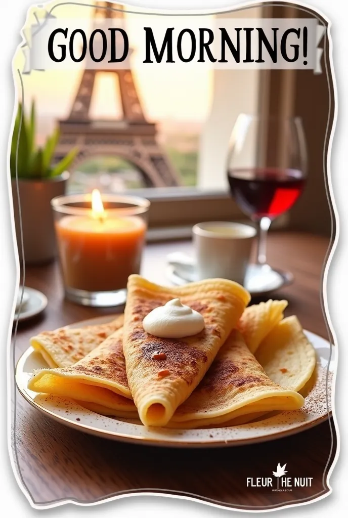  Sticker with realism details, photo style Glossy effect, glare, Crepes beautifully arranged on a plate, French charm, font in capital letters at the bottom FleUR_The_NuIT in a beautiful. The top is written in capital letters,  good morning ! Eiffel Tower ...