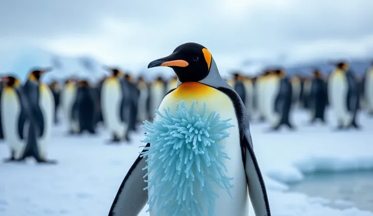 Close-up portrait of outcast emperor penguin alone on ice, standing 20 feet from colony visible in background, distinct blue-glowing anemone-like growths covering 70% of chest and belly, growths have tentacle-like protrusions and pulsating appearance, peng...