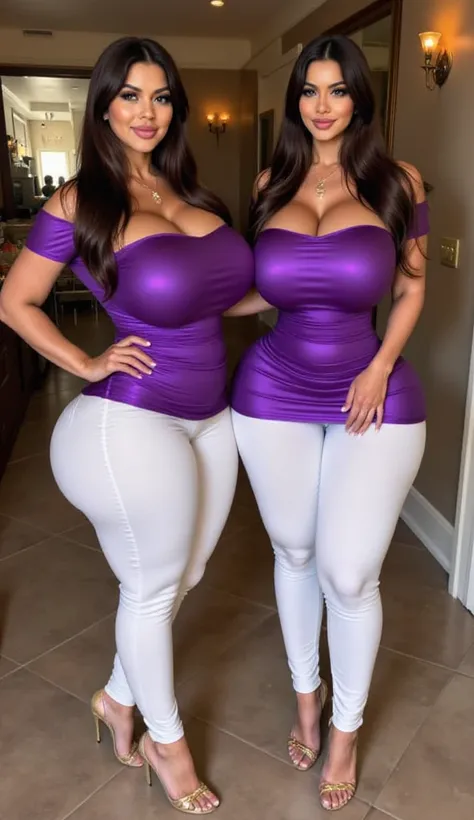 Two muslim women in  shiny  , big breasts, showing long  transparent ripped  I am 30 year old  tall and hourglass figure indian  women looking like actress kajol devgan, purple tight fitting silk satin shine bold short  kurti and white tight silk shine chu...