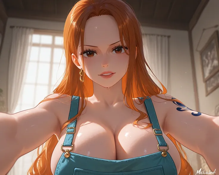 score_9, nami aus one piece, bedroom,  highly detailed, ultra-realistic, 8k,  cinematic lighting, masterful composition, big tits, cleavage, 2.5D, unreal engine