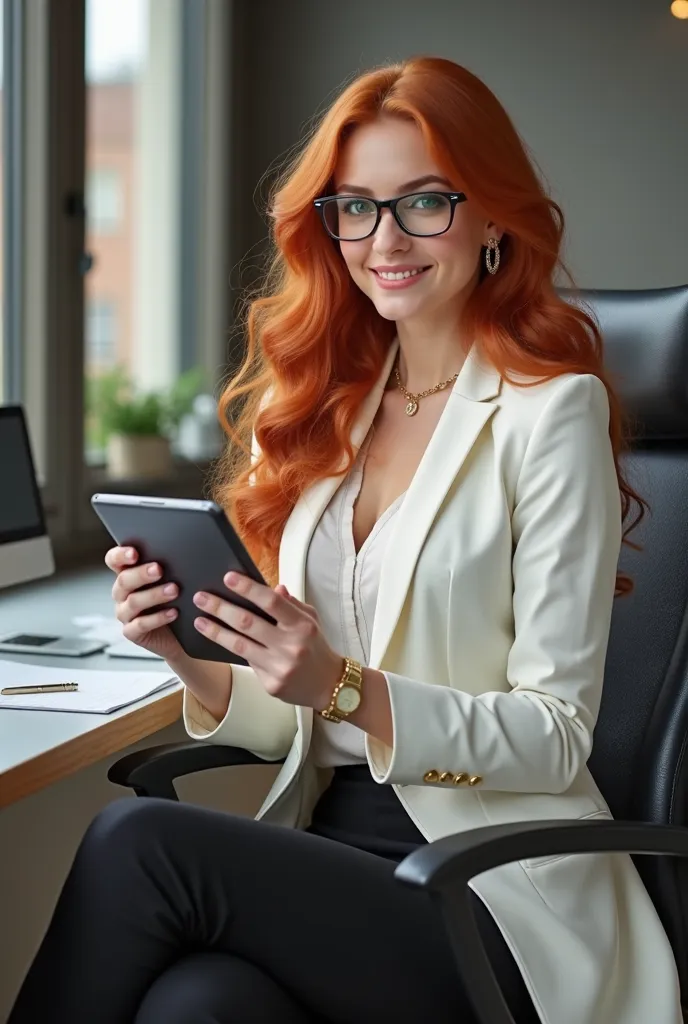  Beautiful 25-Year-Old Woman , long reddish hair with curlers, green eyes. Dressed in an elegant white suit and long black office pants, tacones negros altos,  with reading glasses. holding a tablet  .  mischievous look,  smiling. Sitting in profile at an ...