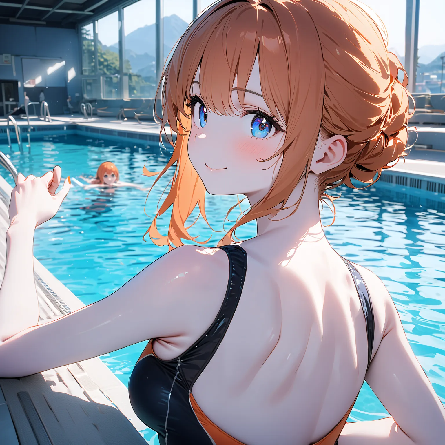 (1 girl),(Best Picture Quality, 8K, Masterpiece:1.3), (Middle school students:1.5), (cute eyes, pupil black, iris orange, youthful face), (glistening skin:1.2),(pale skin:1.2),BREAK,BREAK,((competition swimsuit)), ((swimming pool)),(magnificent view),(smil...