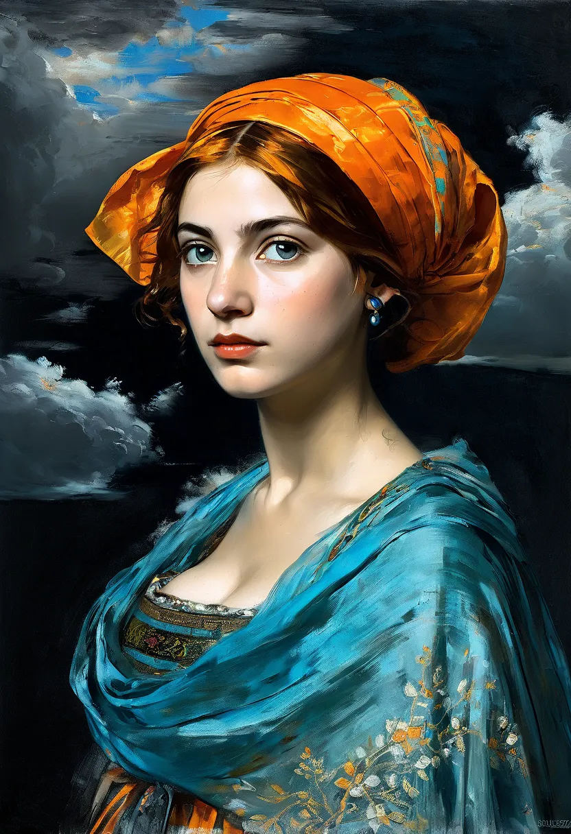 (Dark Studio in magical clouds ) ((( black background!!!)))) young girl Isabel Moner-SMF Dora ), (((view down))) (low camera view ). ( hyperrealistic ), Very short orange hair, olive eyes ,russian dress, medium breasts, aesthetics, (( oil painting )), (til...