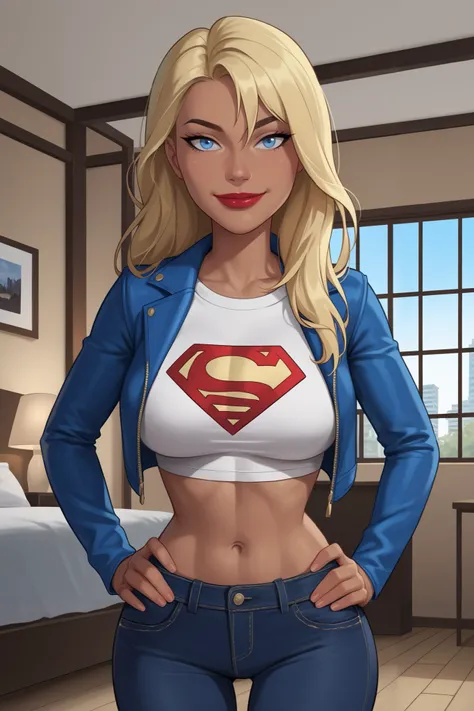 PonyXLV6_Scores BREAK ((parody), perfect anatomy, perfect eyes, cowboy shot) BREAK kara zor-el, long hair, blonde hair, blue eyes, dark-skinned female, lipstick, red lips, ((looking at viewer)), superhero, white crop top, black jeans, sky blue leather jac...