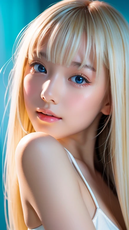 portrait、very white high school girl、Young, white, shiny skin 、Best Looks、Blonde Reflected Light 、 Platinum Blonde Hair with Dazzling Highlights 、 shiny bright hair 、 super long straight hair 、Shiny, beautiful bangs、Shining crystal clear, attractive large ...