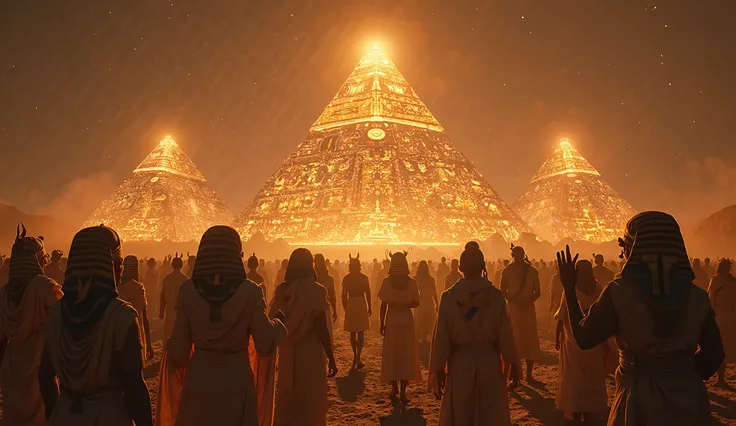 Thousands of majestic ancient Egyptians, dressed in linen robes and carrying offerings, they kneel and raise their hands in adoration before the awe-inspiring presence Of the gods Ra, Horus, Anubis and Isis .  the gods , surrounded by a golden aura, look s...