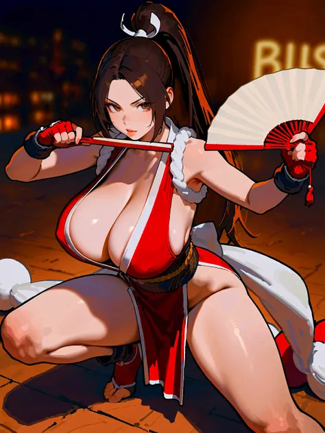  masterpiece,  The best quality,  1 girl, Alone , 

maishirandg ,
Brown hair, brown eyes, tall ponytail,
huge breasts,
pelvic curtain,  Japanese clothing,  sleeveless, Wad of bills, nothing good, Obi , fingerless gloves,
Lips,
 battle,  hand fan , combat p...