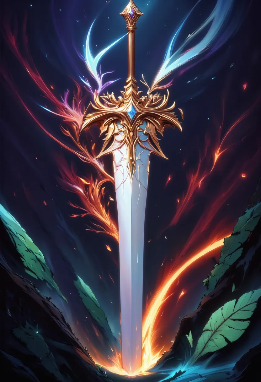 arafed high details, best quality, 16k, (ultra detailed: 1.5), masterpiece, best quality, (extremely detailed), RAW, dnd art, fantasy art, an epic sword with a rose vine entwined on the blade, a magnificent silver shinning sword, with a diamond in the hilt...