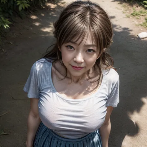 UHD, masterpiece, anatomically correct, super detail, best quality, 8k、sharp focus, Clear Images、 Frontal lighting 、(((1 person:1.4)))、Japanese Female, (Age 50:1.2), Slender Woman, ((from above:1.4), lower body, looking down)、 and look this way,  with a sm...