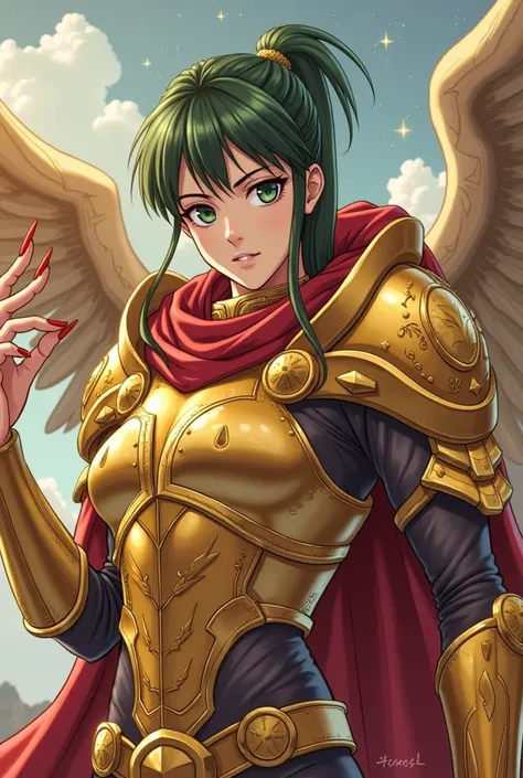 young woman of approximately 20 years old, tez blanca, green eyes and long green hair,  with a slim build , dressed in golden armor of the Scorpion sign, medium plane with a long crimson red nail standing out from his index finger that he puts on his face,...