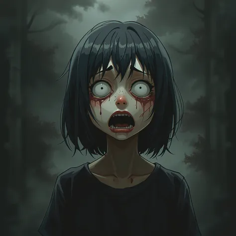 Tired anime looking Guy with visibly big black circles and psychopatic expression under his eyes with scary shadows behind him looking like depression with dead inside expression disturbing and scary