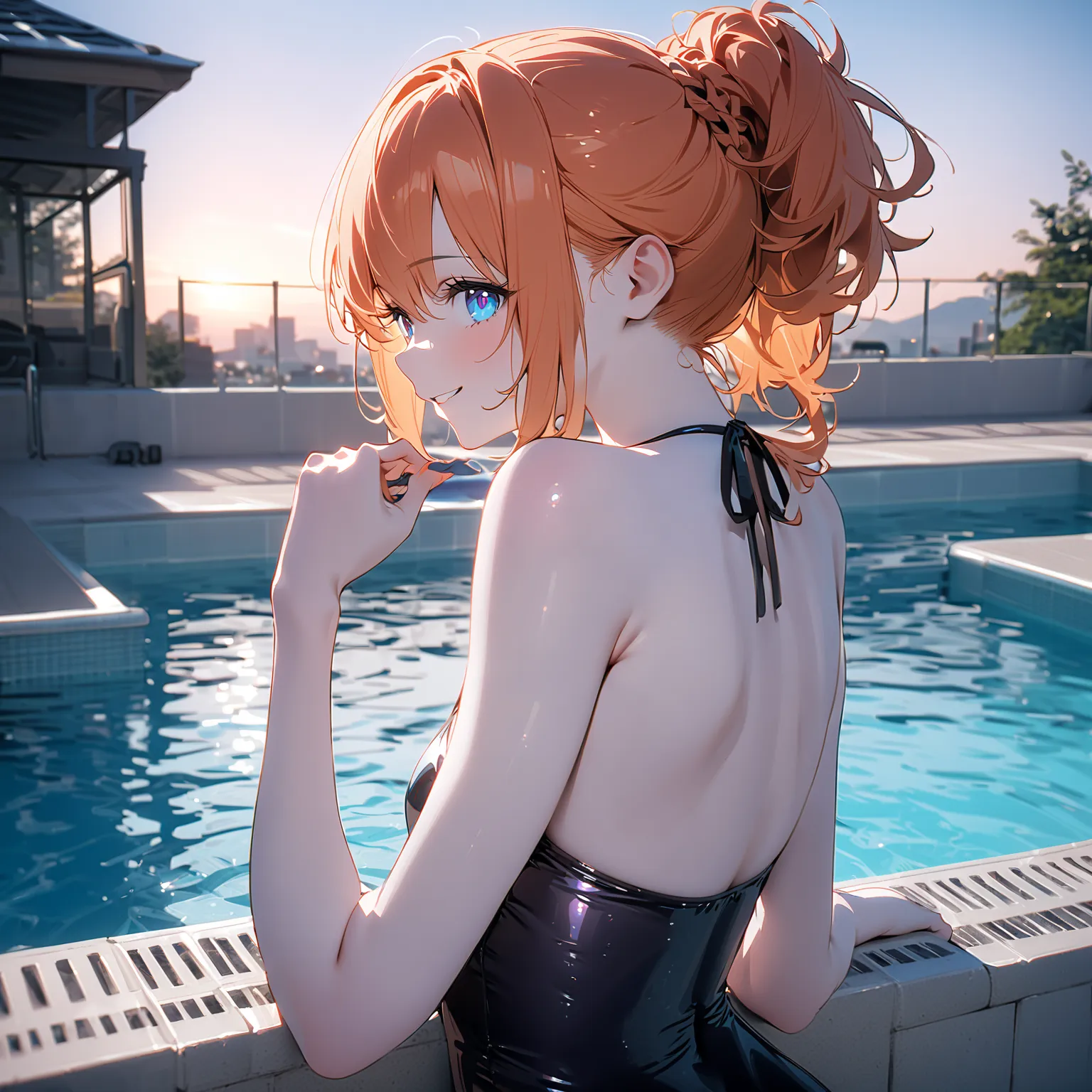 (1 girl),(Best Picture Quality, 8K, Masterpiece:1.3), (Middle school students:1.5), (cute eyes, pupil black, iris orange, youthful face), (glistening skin:1.2),(pale skin:1.2),BREAK,BREAK,((random swimsuit)), ((swimming pool)),(magnificent view),(smile),(r...