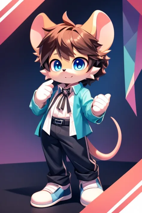 Cute mouse boy with thick hair, mouse ears and tail, detailed body, open shirt, short pants, colorful background, beautiful quality 