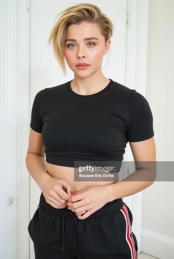 chloé short hair abs who wears a two-piece t-shirt and jogging pants flirt ultra detailed