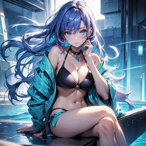 portrait, 1 girl, beautiful face, asymmetrical hair, multi-colored short blue and purple hair, She’s wearing a breezy, light-colored teal swimsuit, grey eyes, hip vent, cute, neon night beach, neon, standing or seated with her chin gently tilted upwards, c...