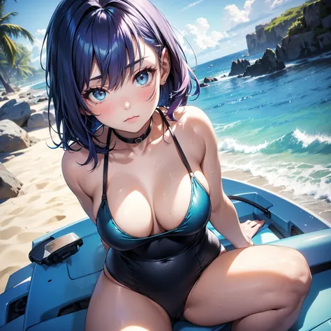 portrait, 1 girl, beautiful face, asymmetrical hair, multi-colored short blue and purple hair, She’s wearing a breezy, light-colored teal swimsuit, grey eyes, hip vent, cute, neon night beach, neon, standing or seated with her chin gently tilted upwards, c...