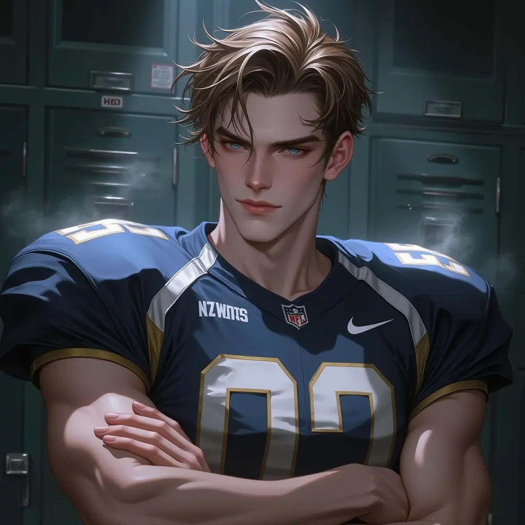 high quality, masterpiece, three quarter view, looking at viewer, solo, (((1boy))), (((mature male))), male perspective, 20 year old male, athletic body, muscular build, defined abs, football player, american football, messy brown hair, piercing blue eyes,...