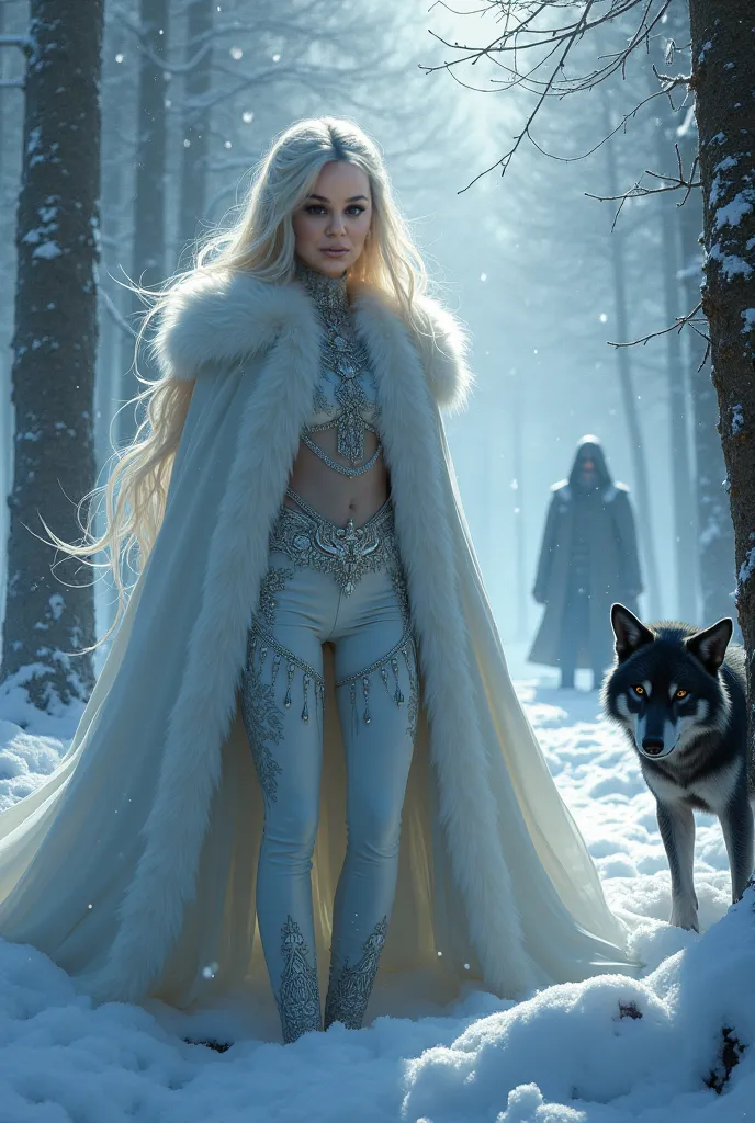 Here is your prompt written with the man in the background:  

*"An enchanting and ethereal portrayal of a captivating winter enchantress in a snow-covered forest kingdom. Her striking porcelain features are framed by a cascade of hair shimmering platinum ...