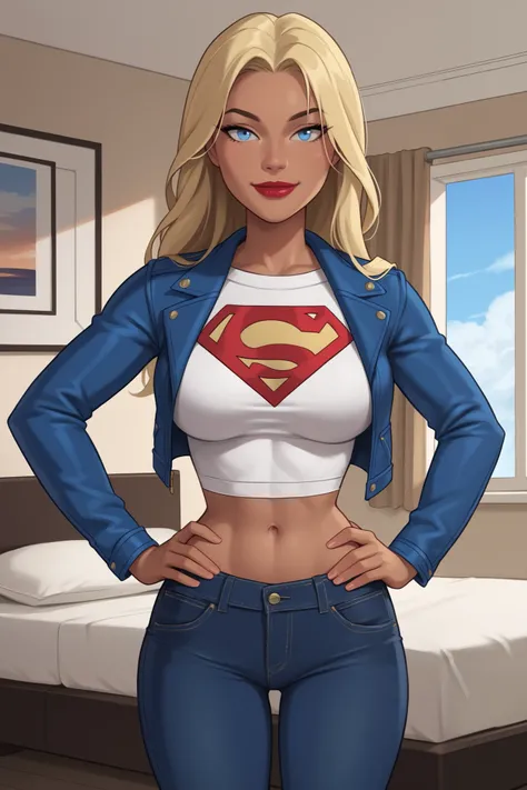 PonyXLV6_Scores BREAK ((parody), perfect anatomy, perfect eyes, cowboy shot) BREAK kara zor-el, long hair, blonde hair, blue eyes, dark-skinned female, lipstick, red lips, ((looking at viewer)), superhero, white crop top, black jeans, sky blue leather jac...