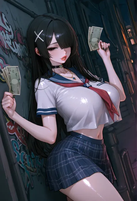 (1girl), black eyes,long hair,, x ornament, big lips, pretty lips,   seductive anime girl, big breast thicc, anime, score_9, score_8_up, score_7_up, mature, Goth girl, solo,long hair,black hair, jewelry,ahip dips,choker,necklace,(hair over one eye), black ...