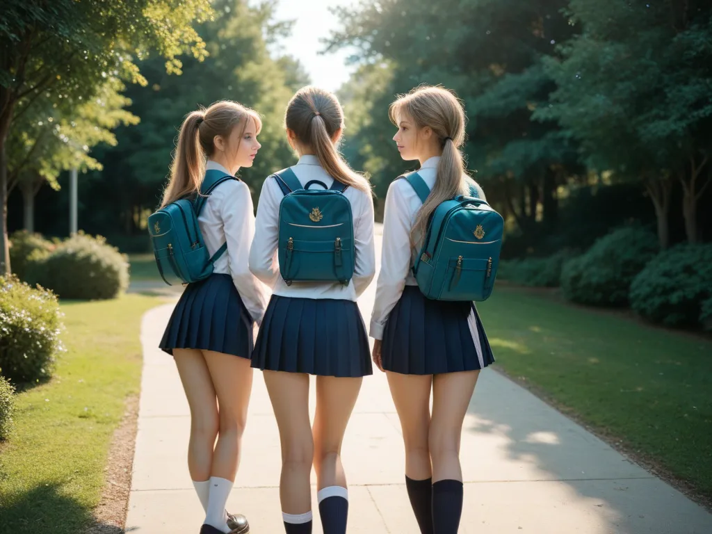 the back of 3 sisters wearing navy school uniform  with long, light brown, high ponytails wearing turquoise back cases with long sleevs and under the knee skirts