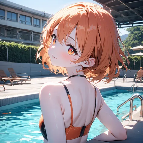 (1 girl),(Best Picture Quality, 8K, Masterpiece:1.3), (Middle school students:1.5), (cute eyes, pupil black, iris orange, youthful face), (glistening skin:1.2),(pale skin:1.2),BREAK,BREAK,((random swimsuit)), ((swimming pool)),(magnificent view),(smile),(b...