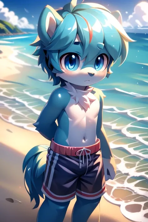 Cute pony bear , shiny hair, blue eyes, slim body, detailed swimming trunks, beach background, high quality, a masterpiece of art 