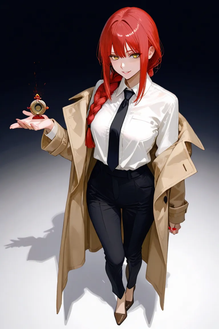 Makima appears as a seductive and alluring woman in her twenties with a curvaceous yet toned figure and slightly above-average height (168 cm or 5'6"). She has long, blood-red hair, usually styled in a loose braid with bangs reaching just past her eyebrows...