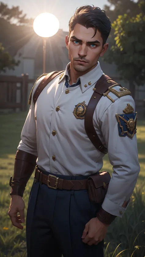 professional photo of a young man in simple brown empire travel uniform with rank insignia on arms and leather belts, brown uniform, bullet bandolier, heathl male_focus, KTemplar, perfect eyes, upper body shot low lighting, moody, large depth of field, war...