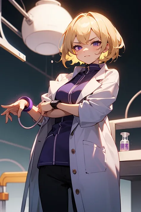 1female, short blonde hair, smug expression, purple eyes, lab tech outfit, detailed generation, standing in laboratory, perfect quality, perfect eyes
