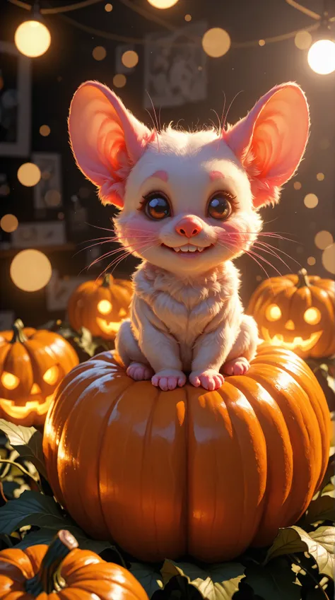 minigirl, Furry,Pumpkin, small furry dainty mammal, sitting on flower, delicate stringy legs, big round eyes, pointed nose, cute tiny teeth, pink whiskers, dreamy,  Peaceful , naturalistic,  highly detailed, ultra-realistic, photorealistic, 8k, hdr, studio...