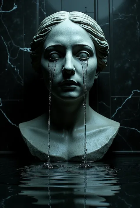 A **colossal stone statue of a woman’s head dominates the dark black marble penthouse, her sculpted face frozen in a sorrowful, silent expression**. 

From her **hollow, vacant eyes, twin streams of water pour endlessly, cascading down her smooth, chiseled...