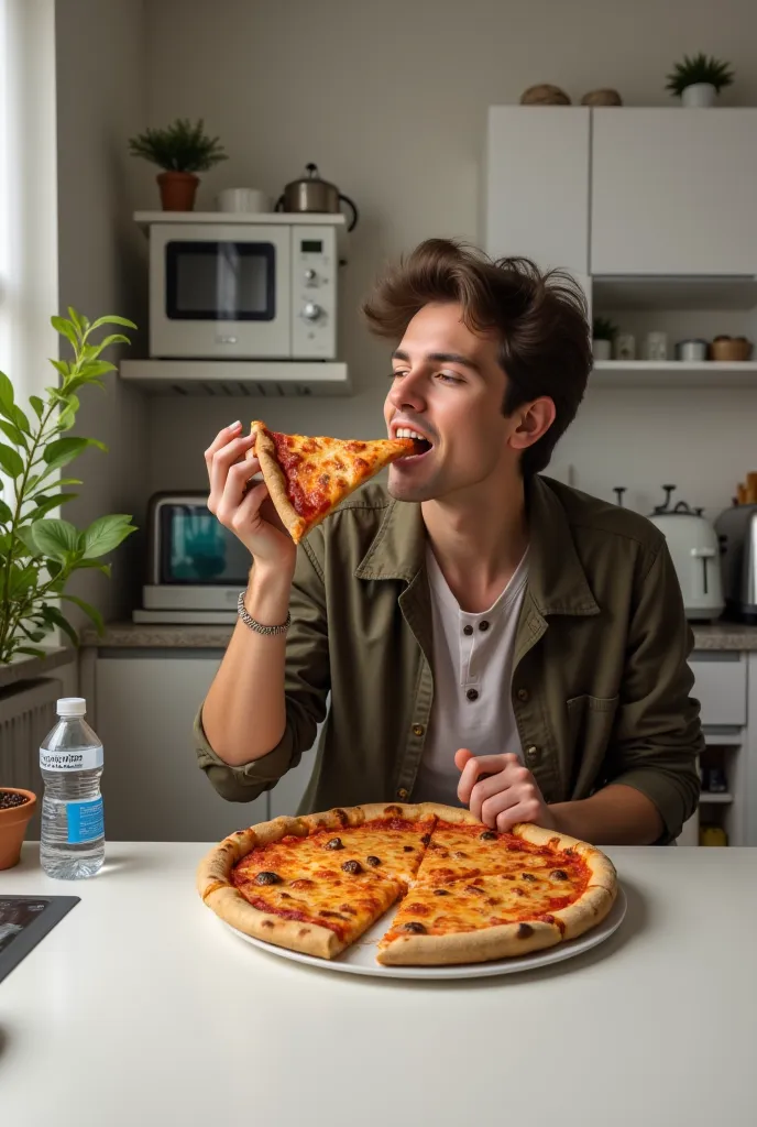 realistic selfie of Pizza on a kitchen white table corner. Green plant decor. Microwave. Toaster . Bottle of water 