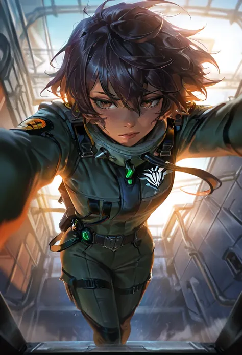 Masterpiece, score_9, score_8_up, score_7_up, score_6_up, 1female, dark skin, short disheveled hair, brown eyes, entusiasm gaze, wearing a black pilot uniform,   L0LSPL4SH