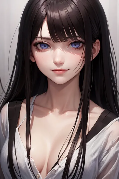 masterpiece, best quality, very aesthetic, absurdres, safe, (masterpiece), best quality, expressive eyes, perfect face, girl in love, dark brown iris, yandere, smirk, crazy eyes, eyes wide open, blunt bangs, black long hair, straight hair, solo, uhd, hyper...